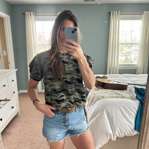 Anthropologie Camo Crop Top with Puffed Sleeves